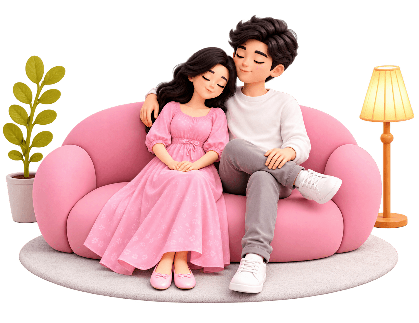 Illustrated couple relaxing together on a pink sofa