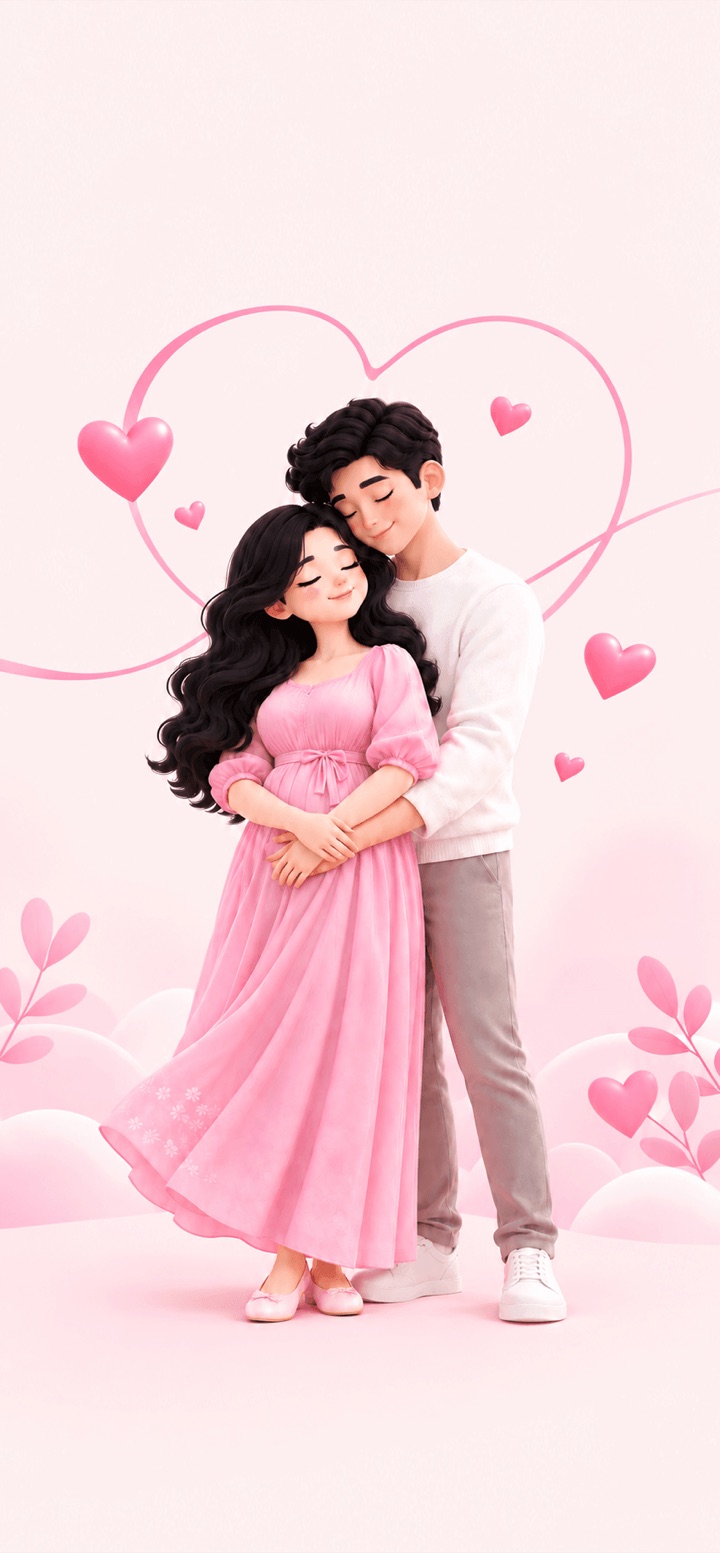 Illustrated couple embracing inside a pink heart